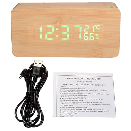 Solmore Mini LED Digital Wooden Digital Alarm Clock Calendar Thermometer Alarm time Humidity USB Cable/Battery powered bamboo of wood
