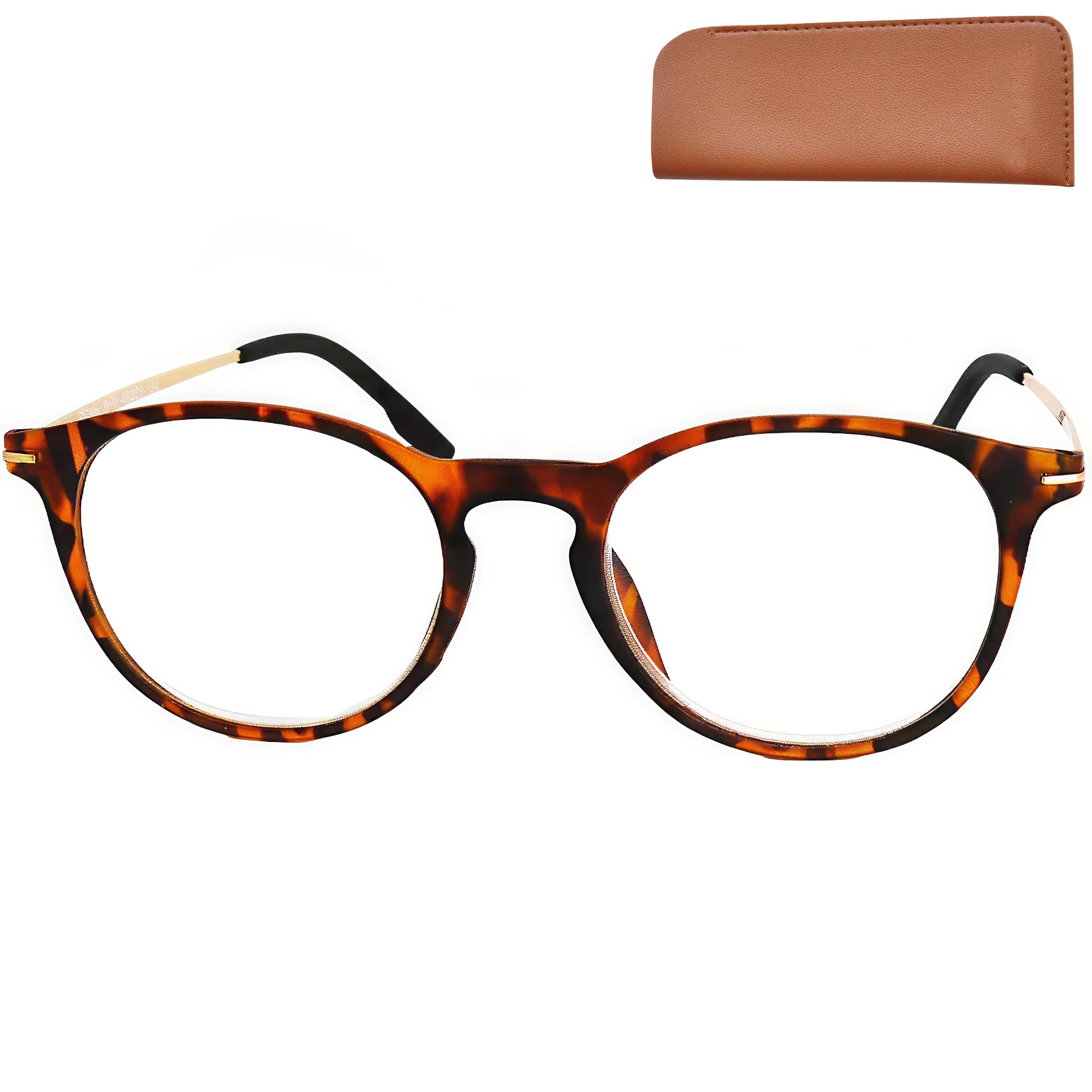 Mini Brille - Modern Blue Light Blocking Reading Glasses with Large Lenses, FREE Pouch, Plastic Frame (Tortoiseshell brown) and Metal Temples, Men and Women Anti Blue Light Filter +1.00 Magnification