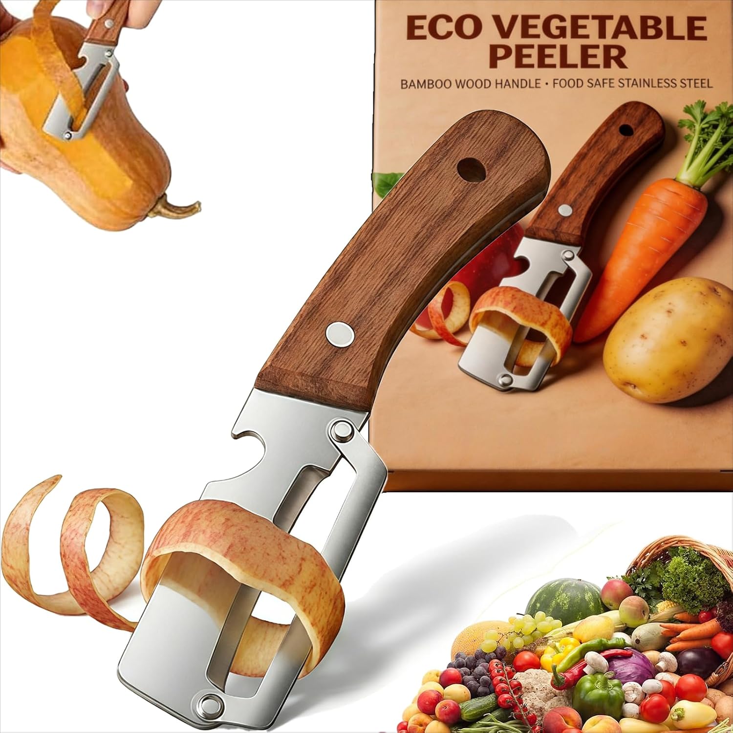 Zero Snag Wooden Peeler, 2027 New Premium Stainless Steel Blade Non-Slip Multifunctional Vegetable Peeler for Apple, Potato, Pumpkin, Papaya (1Pcs)