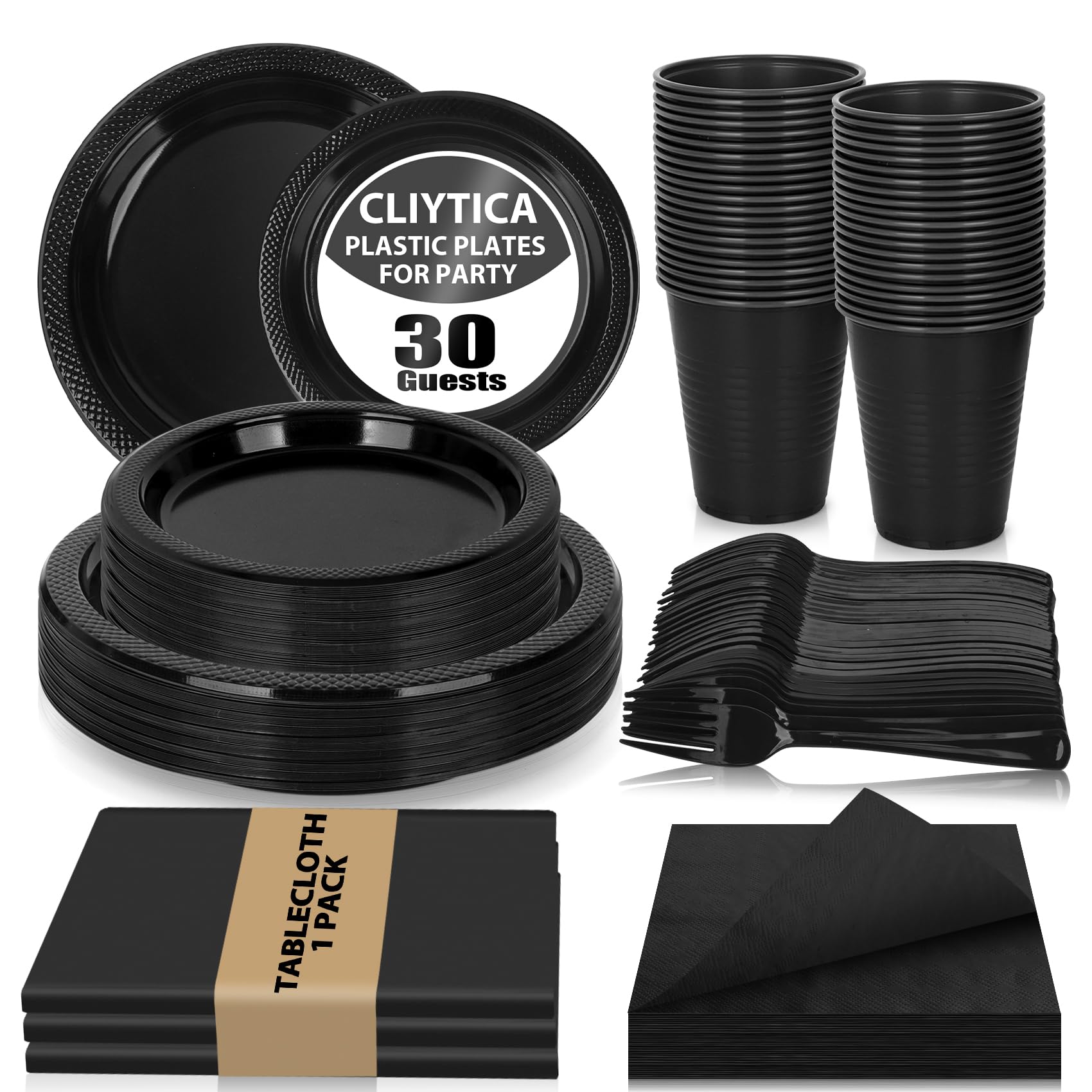 Photo 1 of Black Plastic Plates for Party,30 Guest Disposable Plastic Plate Set 9"Plates,7"Dessert Plates,Napkins,Cups,Forks & Tablecloth for Birthday,Halloween,Christmas,Graduations