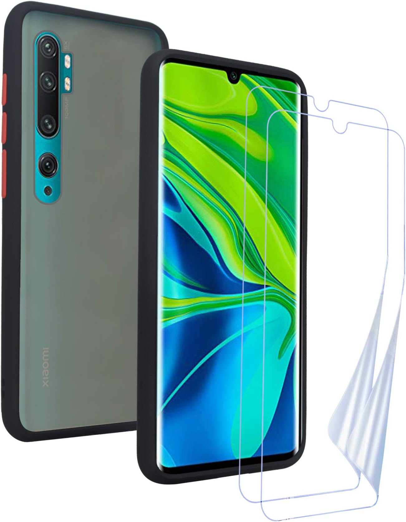 KANSI Case for Xiaomi Mi Note 10/Mi Note 10 Pro + Screen Protector,Soft Silicone TPU + Matt Black PC Shockproof Independent Color Button Cover - Black