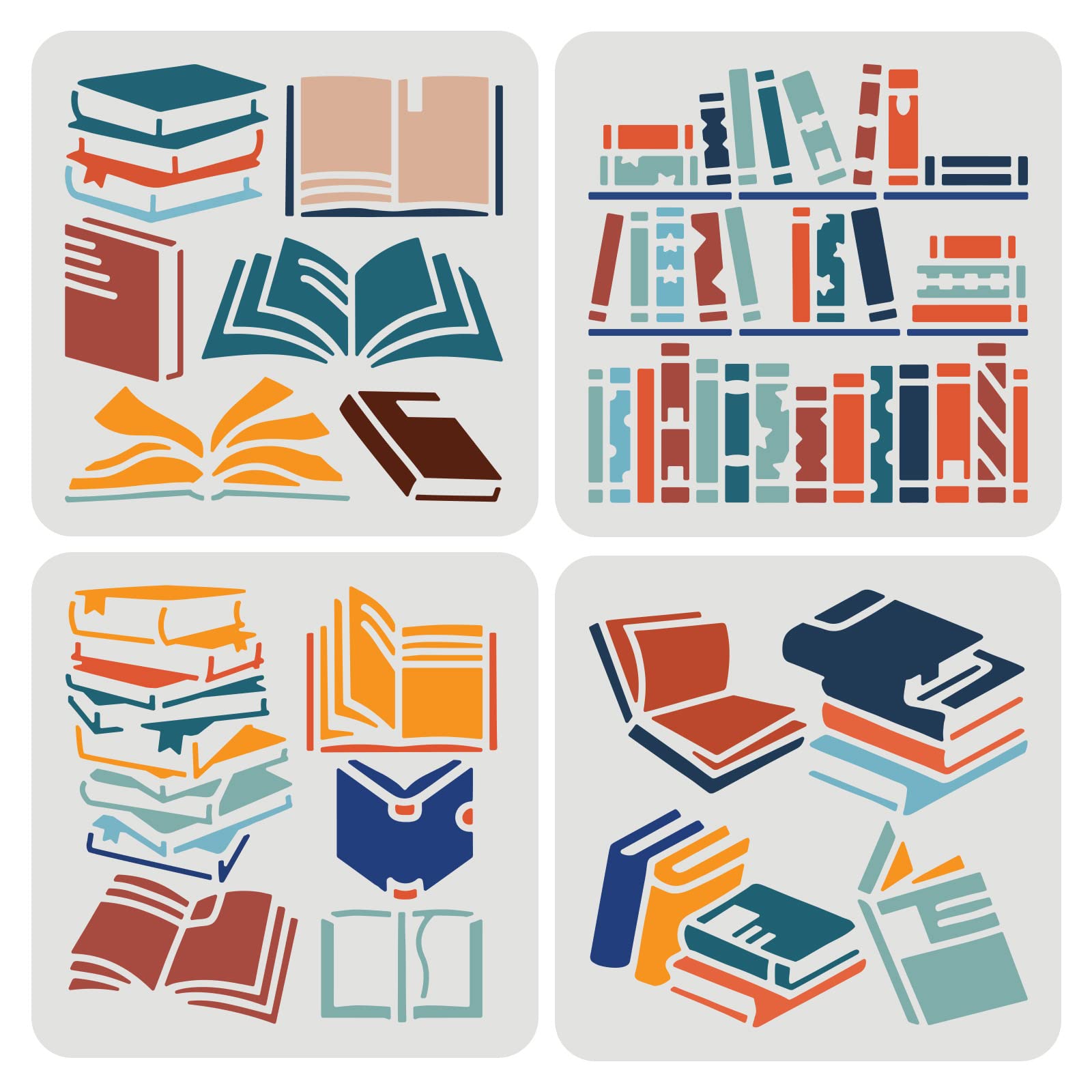 FINGERINSPIRE 4PCS Book Stencils for Painting 15x15cm Plastic PET Collection Books Templates to School Stencil Reusable Stacked Standing Book Drawing Stencil for Office Study Library Wall Decor Back
