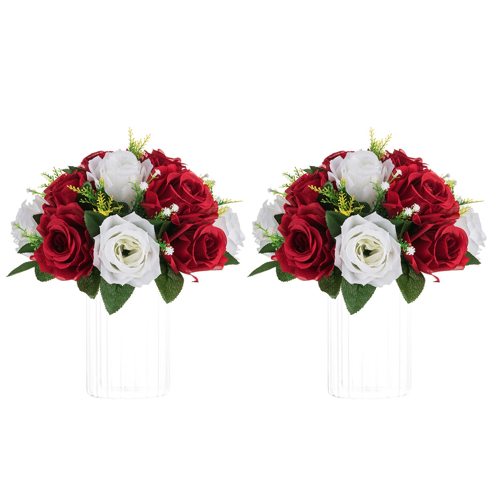 NUPTIO Artificial Flower Centrepieces for Tables - 2 Pcs Crimson & White Fake Flowers Roses Balls 24cm Diameter - Silk Faux Rose Arrangement for Wedding Party Centerpiece Table Decorations
