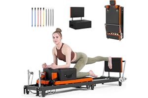 TIANHONG Pilates Reformer, Foldable Pilates Machine for Home Use and Gym Workout, Suitable for Advanced and Beginners Users,Pilates Equipment with Sitting Box, Jump Board ,Up to 500 LBS