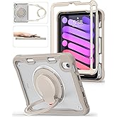 BRAECN for iPad (a17 pro) Mini 7/Mini 6 Case 2024/2021 8.3 inch with Pencil Holder Protective Clear Ring Handle 360 Rotating Stand Shockproof Dropproof Rugged Carrying Shoulder Strap Kids Friendly