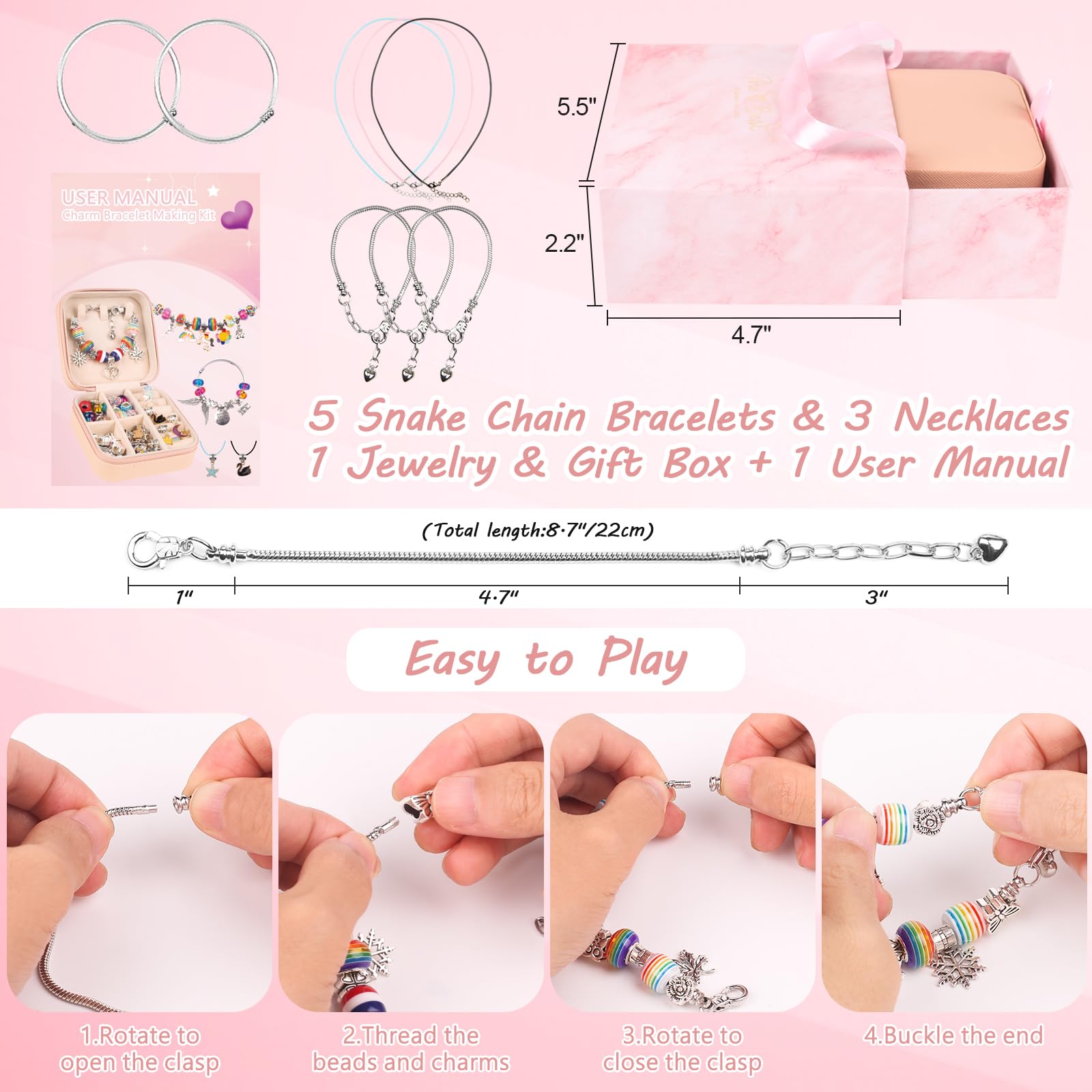 UFU Charm Bracelet Making Kit - 95Pcs DIY Jewelry Making Kit, Mermaid Gifts for Girls Crafts for Girls Ages 5 6 7 8-12, with Portable Bracelet Organizer Box