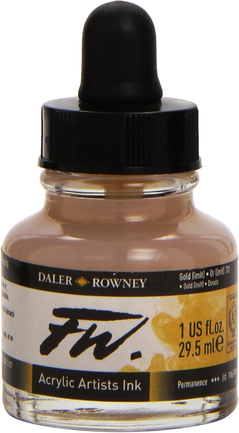 Daler-Rowney FW Acrylic Ink, Glass Bottle with Dropper, 1oz - 29.5 ml, Gold Imitation, Gold (Imitation), 30 ml