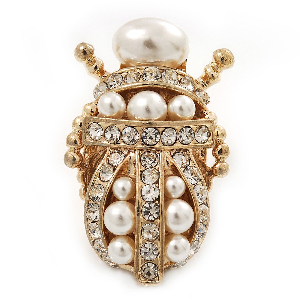 Clear Crystal/Simulated Pearl Egyptian 'Scarab' Beetle Brooch In Gold Plating - 4.5cm Length