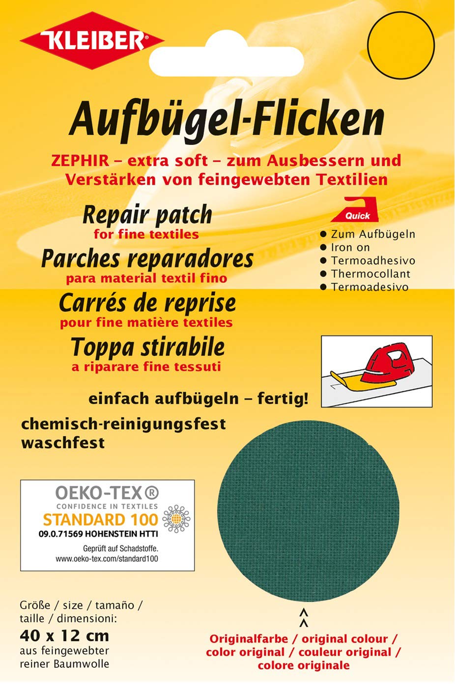 Kleiber Cotton Iron-On Repair Patch for Fine Knit Textiles, Green – 40 x 12 cm Soft Mending Fabric