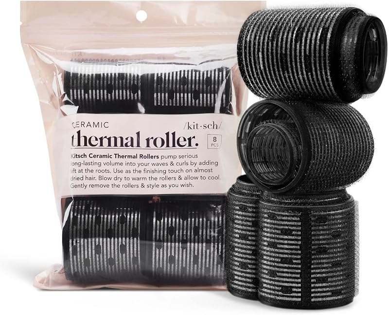 Kitsch Ceramic Thermal Hair Rollers Self Grip Curlers 8 Pcs Black