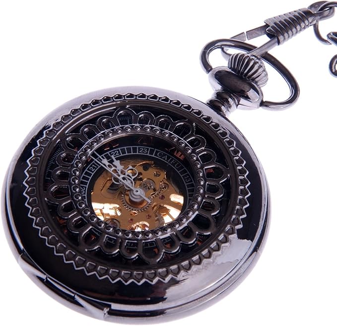 Skeleton Mechanical Pocket Watch Wind Up with Chain Mens