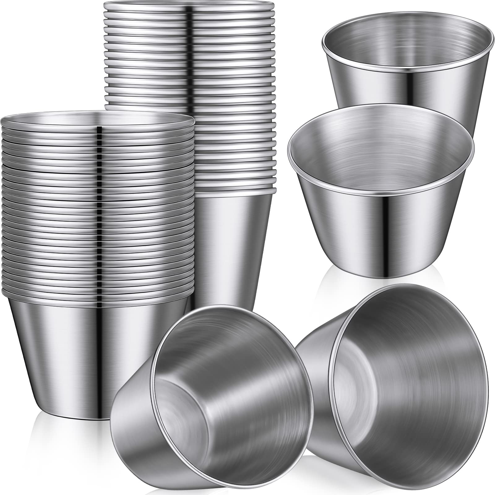 Photo 1 of 50 Pack Metal Ramekins Stainless Steel Sauce Cups Bulk Condiment Mini Dipping Cups Round Individual Small Reusable Commercial Grade Metal Sauce mini bowls for Restaurant Kitchen Ketchup(1.5 Oz, 2 Oz)