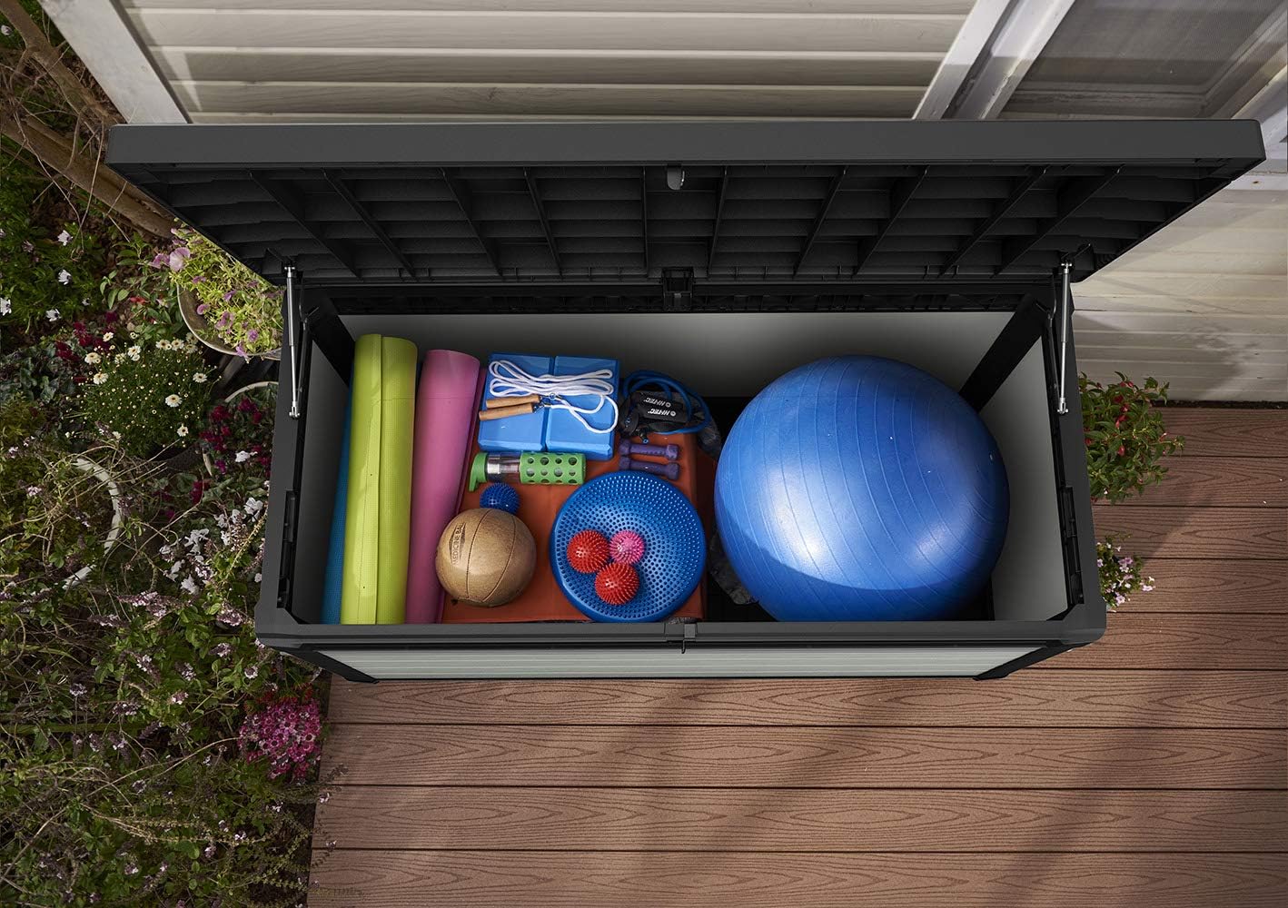 Keter Denali 150 Gallon Resin Large Deck Box-Organization and Storage for Patio Furniture, Outdoor Cushions, Garden Tools and Pool Toys, Grey & Black : Garden & Outdoor