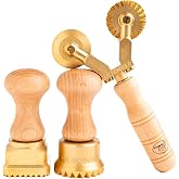 La Gondola Set of 3 Pasta Tools - Square Festooned 1.77x1.77in &amp; Round Festooned 1.97in Ravioli Stamps &amp; Double Pasta Cutter Wheel (Festooned &amp; Smooth) | Brass &amp; Natural Wood | Italian Pasta Cutters