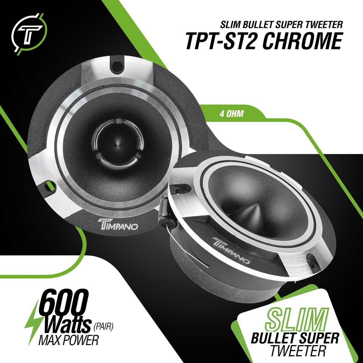 Timpano TPT-ST2 Chrome Slim Super Tweeter, 600 Watts 4 Ohm, 105 dB, 1 in Voice Coil, 3.85 inch Pro Car Sound System Bullet Tweeters (Pair)