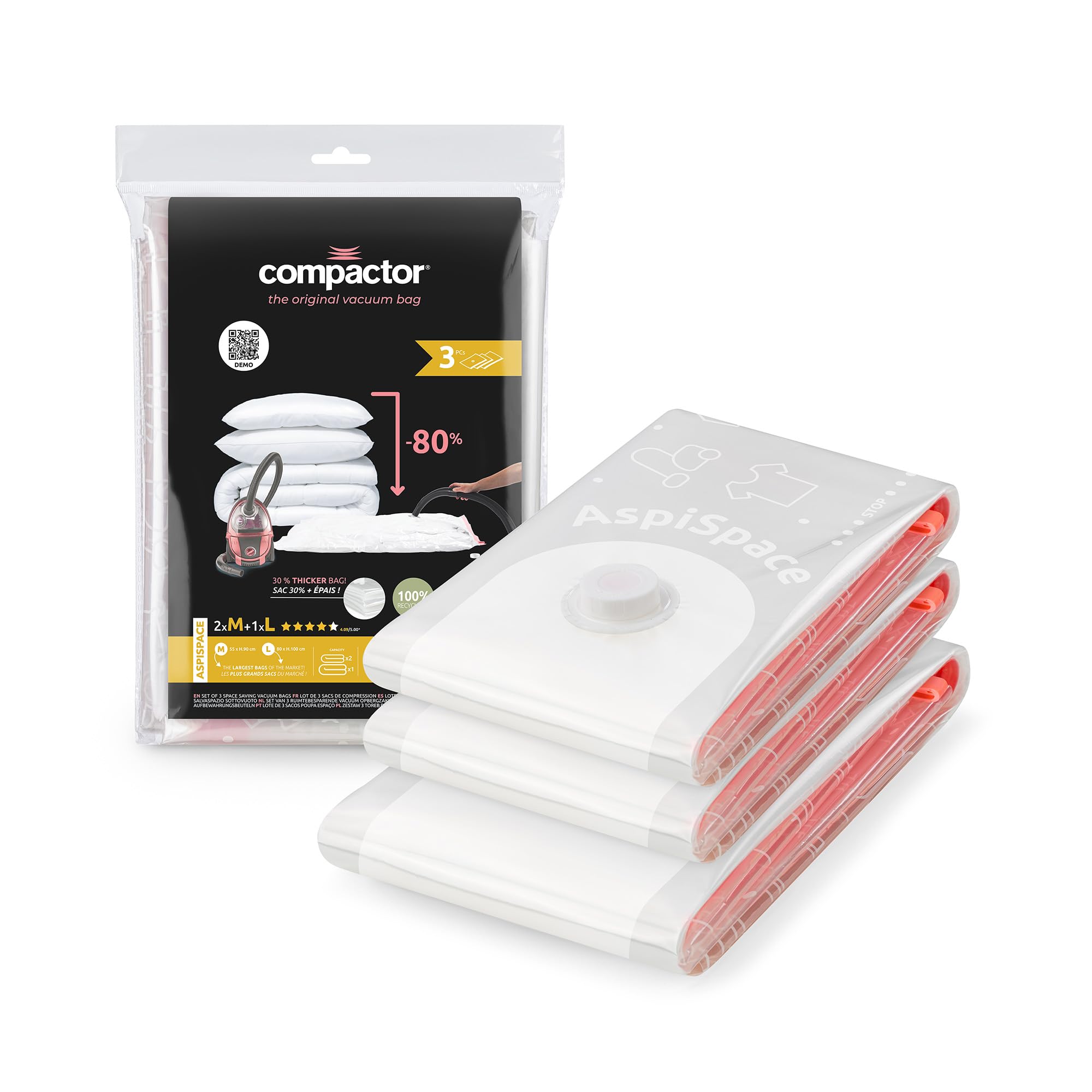Compactor Aspispace Set of 3 Vacuum Compression Bags | Sizes: 2 M, 1 L | Transparent, Recyclable Material | Sku: RAN4127