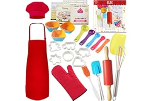IELEK Real Baking Set Pastry Cooking Kit Supplies Includes Apron,Chef Hat,Oven Mitt,Rolling Pin,Real Baking Tools and Recipes Great Gift for Curious Beginners