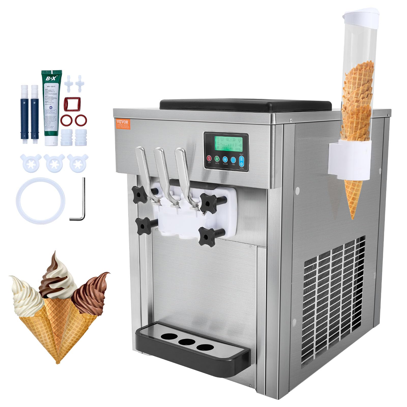 Photo 1 of **HEAVILY USED**VEVOR Commercial Ice Cream Machine, 21 QT/H Yield, 1800W 3-Flavor Countertop Soft Serve Ice Cream Maker, 2 x 4L Hopper 2 x 1.8L Cylinder, LCD Panel Auto Clean Pre-cooling, for Restaurant Snack Bar