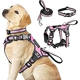 WINSEE Pet Harness Collar and Leash Set, All-in-one Reflective Dog Harness No Pull with Adjustable Buckles for Puppies, Small, Medium, Large, and Extra-Large Dogs (Large, Pink)