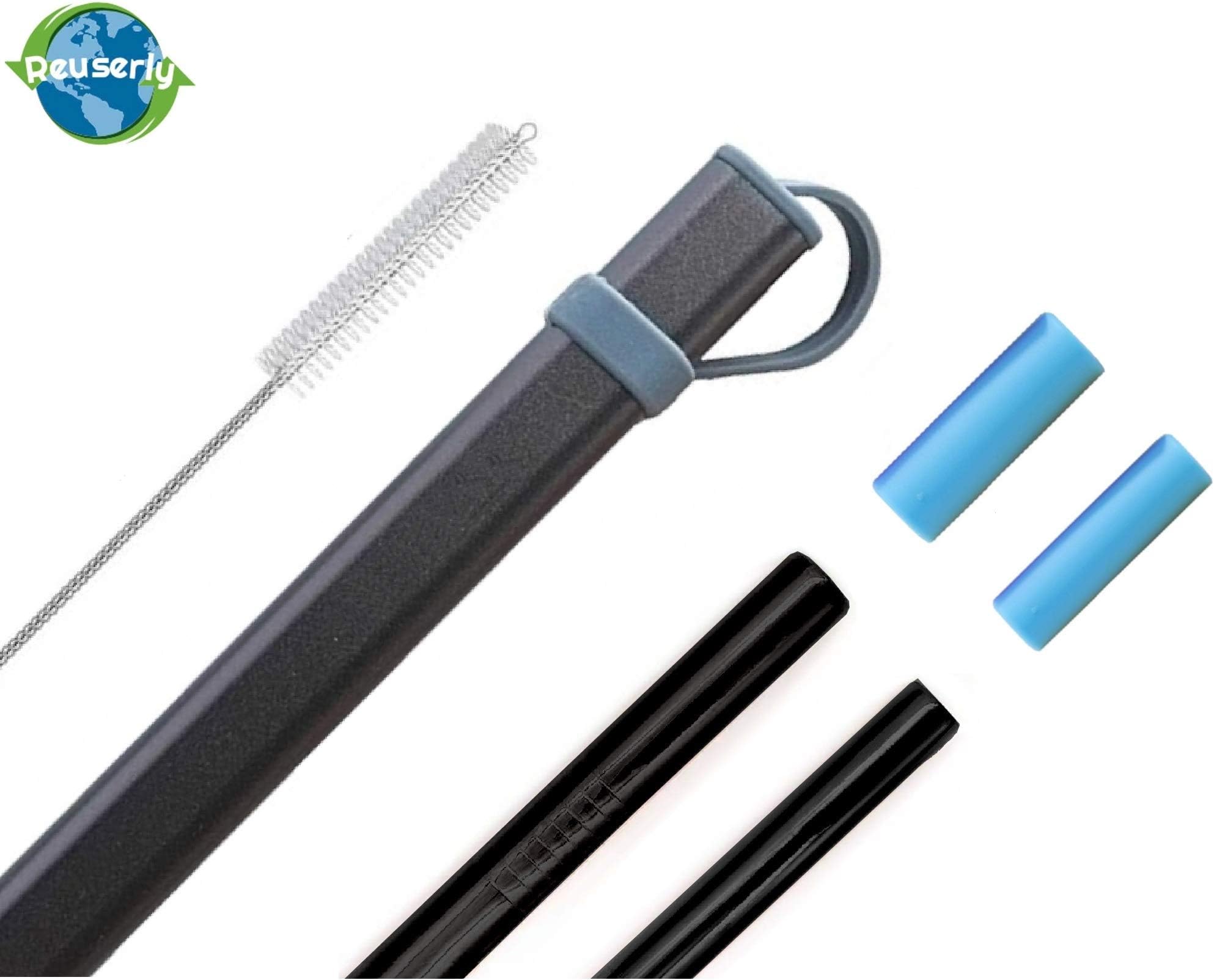 Black Reusable Stainless Steel Straws with Case - 2 Metal Straws - 6mm and 8mm Wide - Portable Aluminium Travel Case - Cleaning Brush - 2 Silicone Tips (Black)