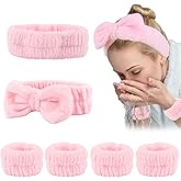 WHAVEL 6PCS Spa Headband and Wristbands Set, Face Wash Headband Wrist Bands for Washing Face Terry Cloth Hairband Makeup Skincare Hair Band Skin Care Accessories Tools,Pink