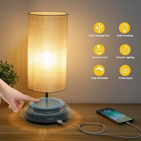 Kohree Touch Control Bedside Led Table Lamp Fully Dimmable Usb Desk Lamp Modern Nightstand Lamp With Square Fabric Lamp Shade For Bedroom Living Room
