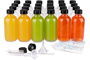 PINIWON 24 Pack 4 oz Clear Glass Bottles, 120ml Boston Round Sample Bottles with Black Poly Cone Caps, Labels, Funnels and Brush