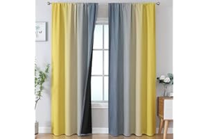 Estelar Textiler Yellow and Grey Blackout Curtains for Bedroom, Light Blocking Two Tone Gradient Drapes with Wave Line Pattern, Room Darkening Rod Pocket Ombre Curtains for Boys Room,52Wx84L,2 Panels