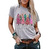 Funny Leopard Plaid Christmas Trees T-Shirt Women Merry Christmas Shirt Tops Xmas Trees Graphic Holiday Party T Shirt