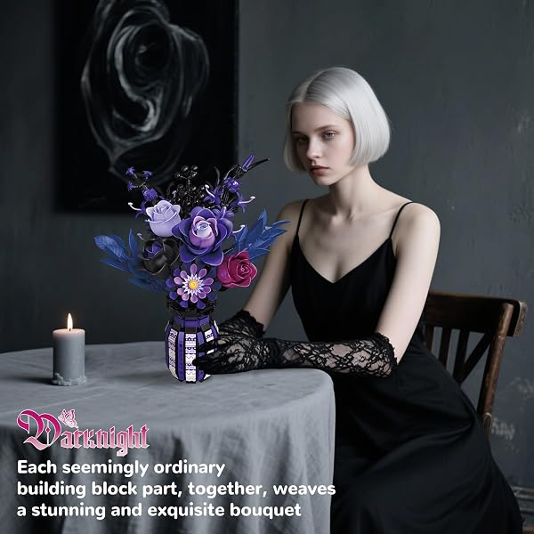 ZONECYTD FLOWERS BOUQUET BUILDING SET ROSES PURPLE BOTANICAL COLLECTION GOTHIC GIFTS FOR MOTHERS DAY FOR WOMEN ADULTS GIRLS 14+ HOME OFFICE DECOR