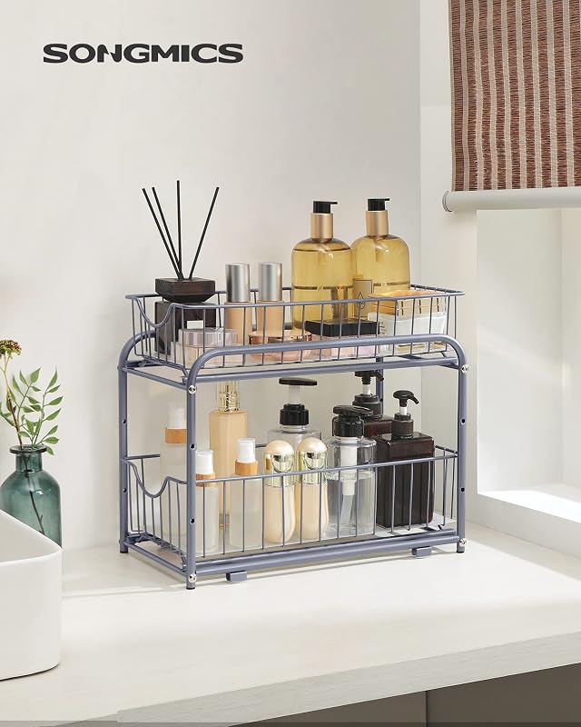 Rangement Sous Évier à 2 Niveaux en Acier, Tiroir Coulissant, Égouttoir à Vaisselle，Lot de 1, 36,9 x 21,6 x 27,2 cm, Gris, Collection Patalla KCS017E01