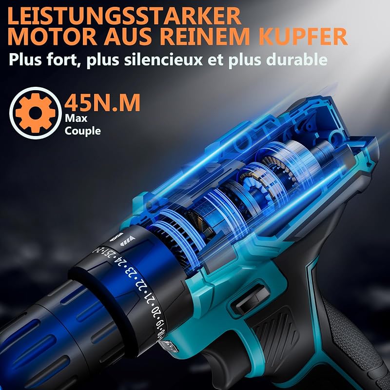 Perceuse Visseuse Sans Fil 21V Avec Batterie 4000mAh, 45Nm de couple max 25+3 positions de couple (2 vitesses & LED), 2 batteries 2,0Ah et chargeurpour la maison et le jardin projet DIY (Bleu)