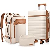 UKEIN Luggage Sets 3 Piece, Carry On Luggage 20In With Spinner Wheels,PC Hardside Suitcase Set with TSA Lock,Durable Carry On Suitcase With Travel Backpack for Men (Beige, 3 piece set (20inch))