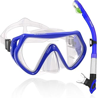 WACOOL Professional Snorkeling Snorkel Diving Scuba Package Set with Anti-Fog Coated Glass Purge Valve and Anti-Splash Silicon Mouth Piece for Men Women (Adults,Blue)