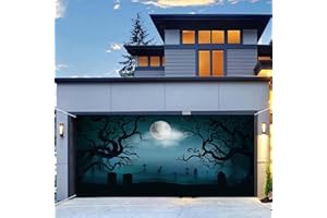 Halloween Garage Door Backdrop,16 x 7 FT Garage Door Banner Halloween Decorations with Haunted House Graveyard Pumpkin Castle