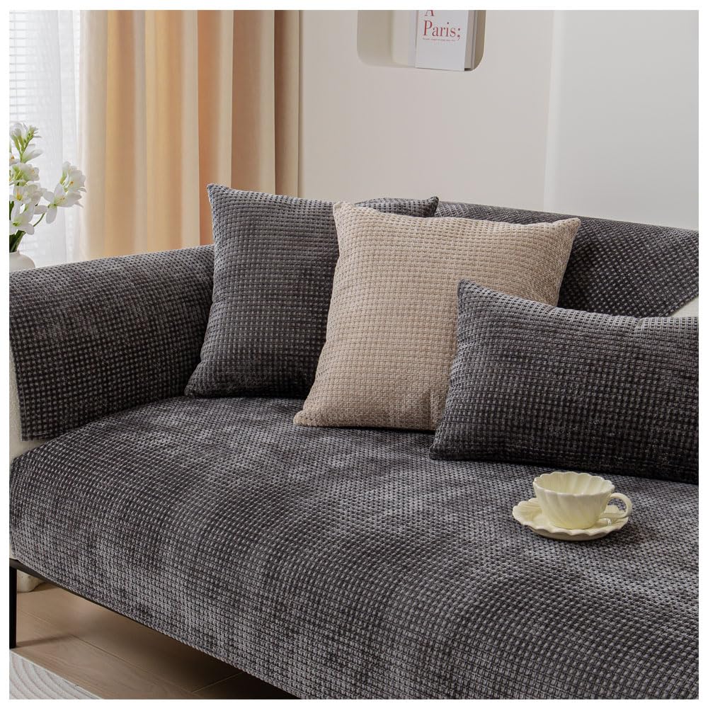 NUODWELL Soft Chenille Sofa Cover 1/2/3/4 Seater, Universal Non-Slip L Shape Couch Cover, Thick Sofa Protector Quilted Corner Slipcovers Washable for Living Room (Dark Grey-B, 110 * 180cm)