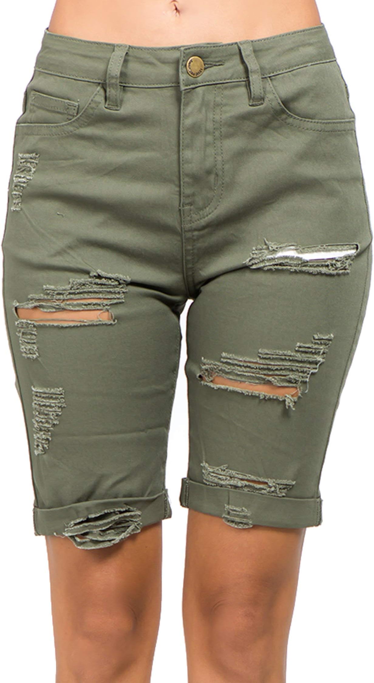 TwiinSisters Women's Casual Destroyed Mid Rise Twill Bermuda Shorts with Comfort Stretch