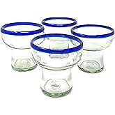 Dos Sueños Mexican Hand Blown Glass – Set of 4 Hand Blown Stemless Blue Rim Margarita Glasses (14oz)