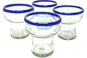 Dos Sueños Mexican Hand Blown Glass – Set of 4 Hand Blown Stemless Blue Rim Margarita Glasses (14oz)