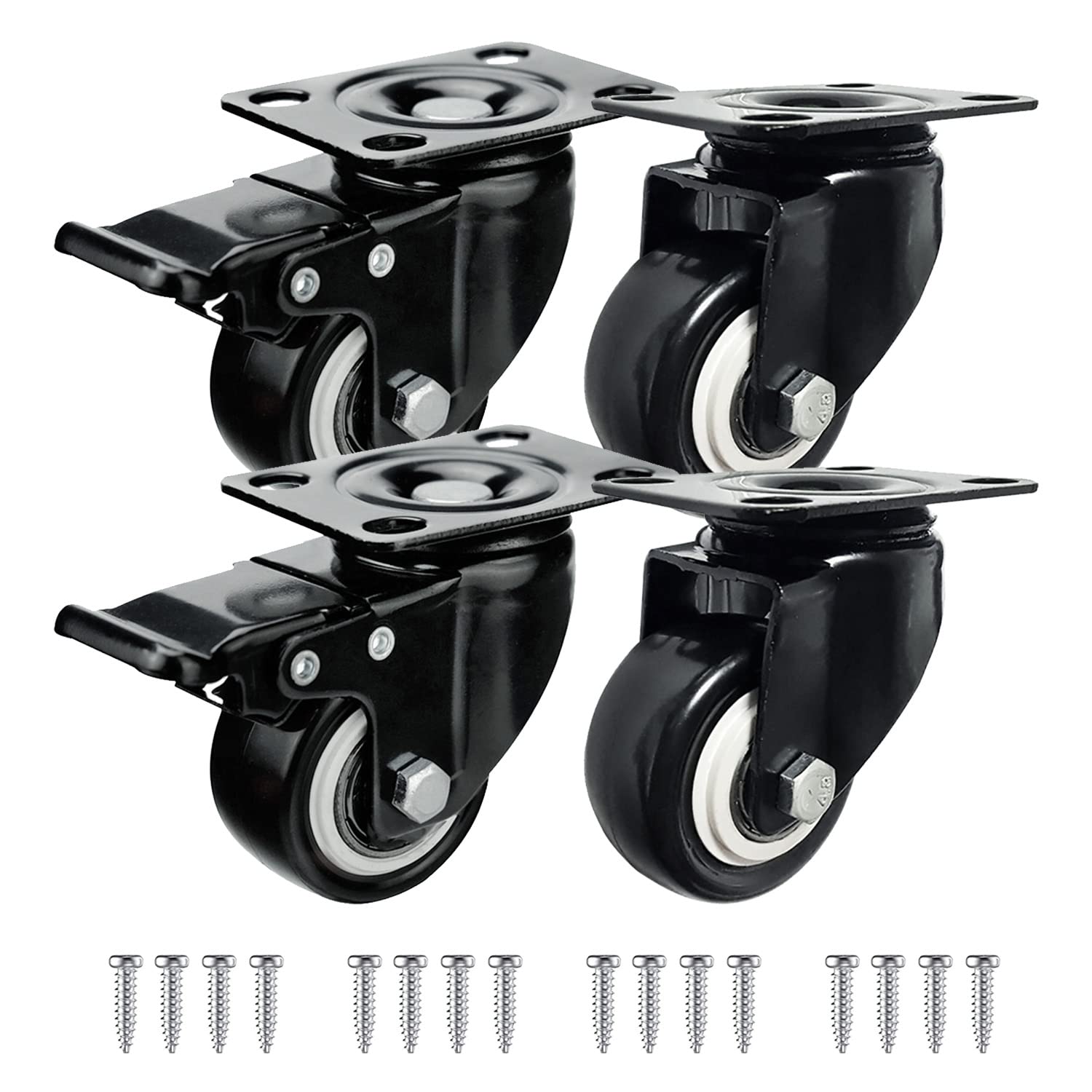 LMS Data Heavy Duty Castors Wheels - 4 Pack 50mm Castor Wheel Screws Set up to 200 KG Weight Moving- Black Quiet Swivel Trolley Wheels for Furniture, Bed (Black Castor - With 2 Brakes)
