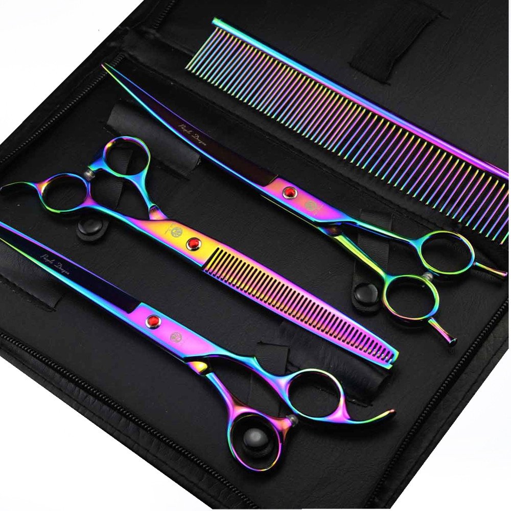 Purple Dragon 8 inch 3 in 1 Professional Pet Grooming Thinning Scissors - Upward Curved Scissor and Dog Hair Cutting Scissors - Perfect for Pet Groomer or Family DIY Use (Rainbow)