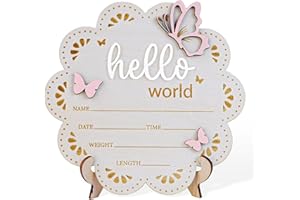 CUNCUN Wooden Baby Announcement Sign Butterfly Hello World Newborn Welcome Sign Birth Name Plaques for Photo Props Baby Shower Hospital Nursery (Butterfly1)