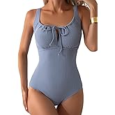 Aleumdr Womens Textured One Piece Swimsuit Tummy Control Bathing Suit with Bow Tie Knot Cutout Ruching Swimwear
