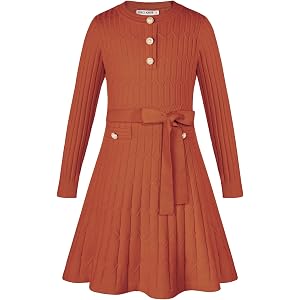 GRACE KARIN Girls Dress Fall Winter Sweater Long Sleeve Cable Knit Button Casual Dresses for Teen Girl 6-14Y