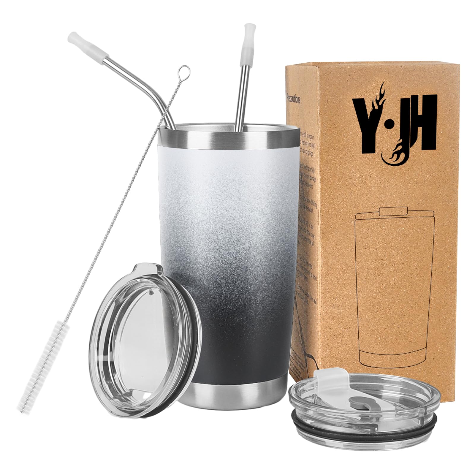 Y·J&H 20oz (550ml) Travel Tumbler Double Wall Vacuum Insulated Coffee Mug Stainless Steel Coffee Cup with 2 Splash Proof Lid, 2 Straws & Free Cleaning Brush, BPA Free - White&Black
