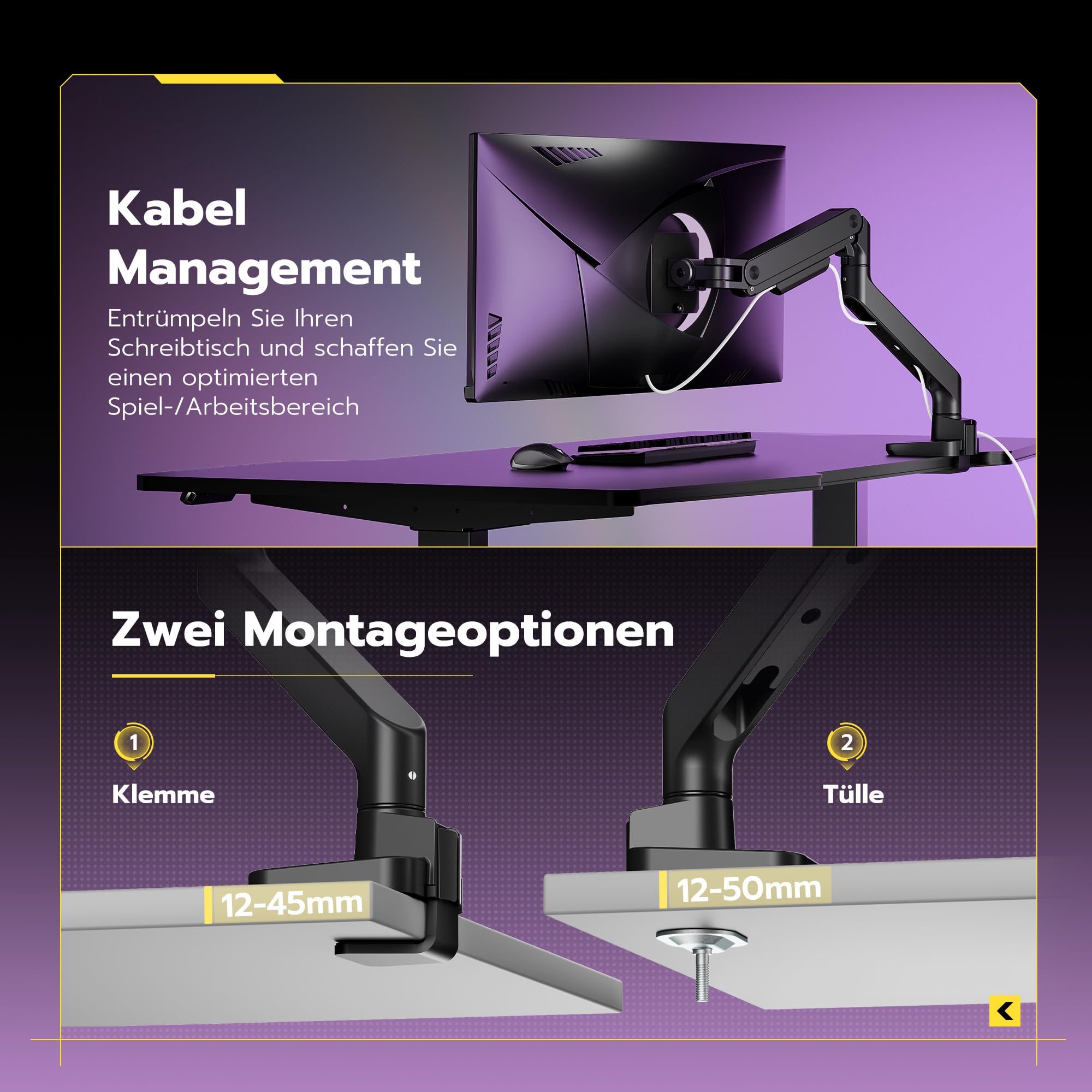 ARES WING Monitor Halterung für 17 bis 49 Zoll Bildschirme, Monitor Arm mit Gasfeder, Verstellbarer Monitorständer für 20Kg Computer Bildschirme, Monitorhalterung VESA 75/100 mm,Schwarz 5