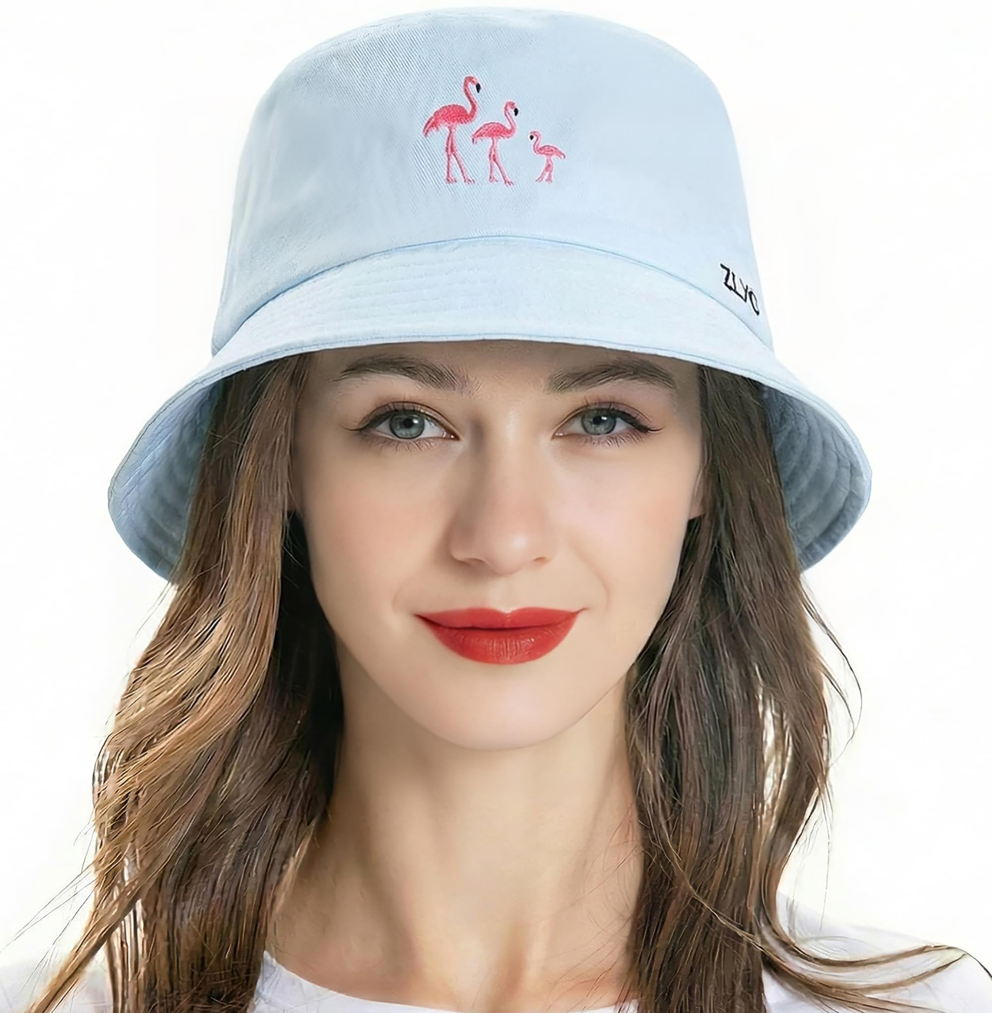 ZLYC Unisex Fashion Embroidered Bucket Hat Summer Fisherman Cap for Men Women Teens, Blue Flamingo, One Size