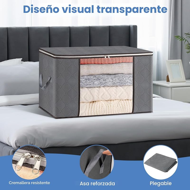 4pcs Bolsa de Almacenamiento de Ropa Plegable, 60L Grandes Cajas de Almacenaje Ropa con Mango Reforzado, No-Tejida Organizador Guardar para Edredones Mantas, 55x35x32cm — foto 4 de 7