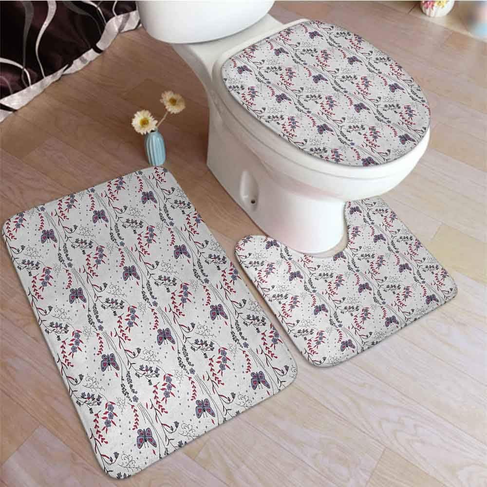 3 Pcs Bath Rug Set Floral Hand Drawn Doodle Leaves