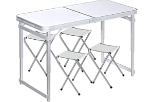 FrenzyBird Folding Picnic Table with 4 Stools, Aluminum Table Oxford Mat Chair Set, Portable Lightweight and Heights Adjustable for Outdoor Camping Dining BBQ Party 47.2×23.6 Inch
